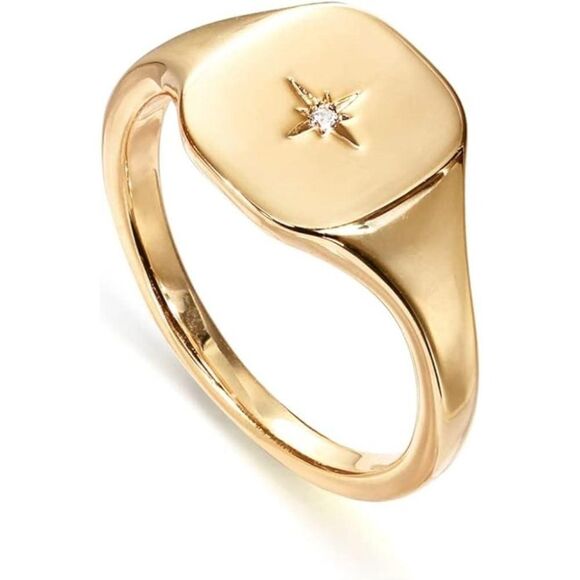 14K Gold Plated Engraved Signet Ring North Star Thick Statement Ring, Pinky